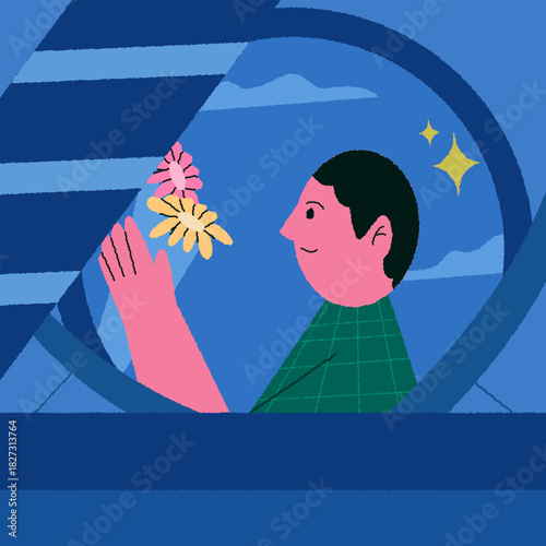Stylized portrait of a person gazing through a round window with flowers and stars, creative blue palette for editorial or lifestyle concepts.