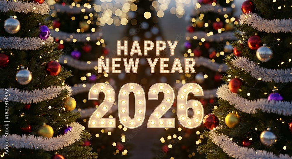 Fototapeta premium Celebrate the arrival of 2026 with a festive and illuminated Happy New Year message surrounded by beautifully decorated Christmas trees, symbolizing joy, hope, and new beginnings for the upcoming year