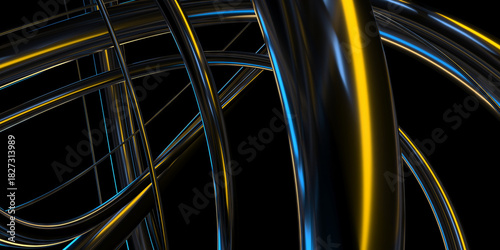Abstract futuristic metallic tubes with blue and yellow light effects on black background. 3d render