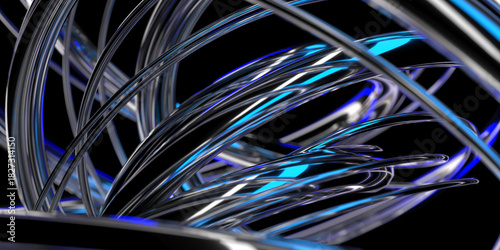 Abstract futuristic metallic curves with blue light accents, surreal artistic design for modern aesthetics. 3d render
