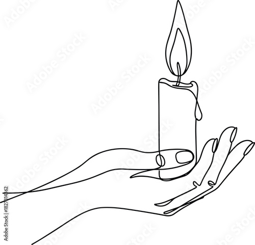 Minimalist candle drawing, hand illustration, continuous line art, flame symbol, elegant decor, hope concept, simple sketch, artistic outline, remembrance theme, modern design