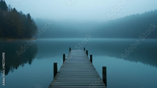 Wooden pier extends into still water beneath misty blue skies