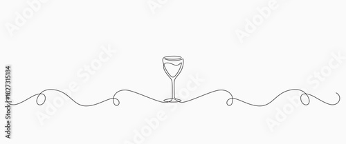 Wine  glass with wine, one continuous line sketch. Line art, vector illustration