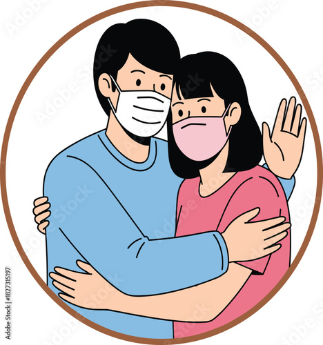 "Young couple embraces safely, wearing protective face masks for health and love, during pandemic or air pollution, symbolizing care, caution, and solidarity for public well-being."