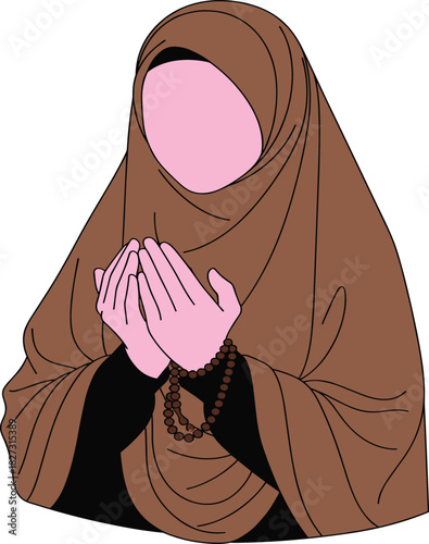 Muslim Woman in Brown Hijab Praying with Prayer Beads (Tasbih/Misbaha), Showing Devotion, Spirituality, and Faith During Islamic Religious Practice, Simple Vector Illustration.