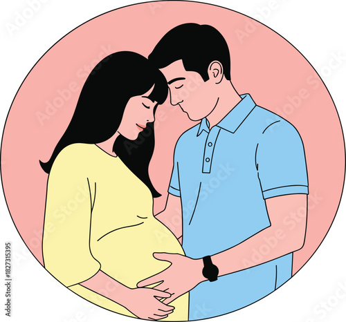 Expectant Couple Embracing and Touching Pregnant Woman's Belly, Symbolizing Love, Family, Anticipation, and Joy of Parenthood, Illustrating Pregnancy and Maternity Journey.