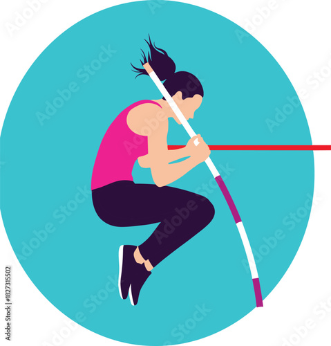 Female athlete competing in pole vault event, clearing the bar with skill and determination during an international track and field competition vector illustration.