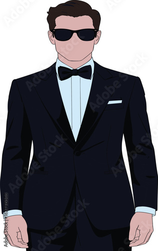 Handsome Man in Elegant Tuxedo with Bow Tie and Sunglasses, Representing Secret Agent, Spy, Luxury Event, Formal Wear, and VIP Security or High-Class Style.