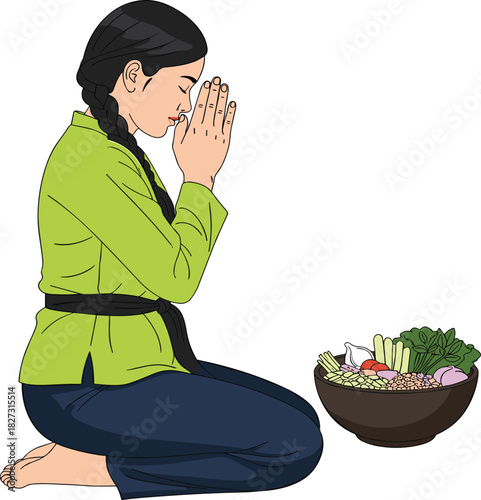 Asian Woman Kneeling in Traditional Attire, Offering Food and Paying Respects with Wai or Anjali Mudra Hand Gesture, Representing Gratitude, Culture, and Tradition.