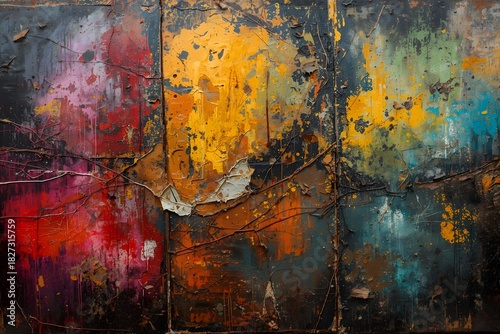 Colourful Canvas Abstract Painting Grunge Dark Rusty Distorted Decay Old Texture for Autumn Background Wallpaper.