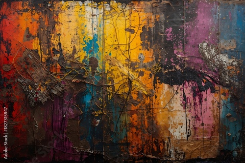 Colourful Canvas Abstract Painting Grunge Dark Rusty Distorted Decay Old Texture for Autumn Background Wallpaper.