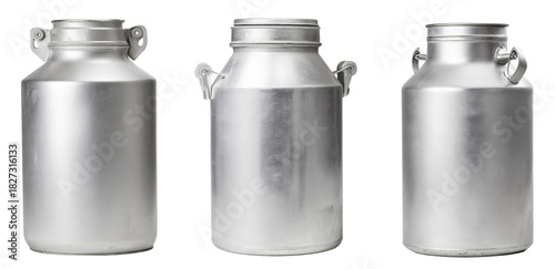 three vintage aluminum milk cans isolated on white background.