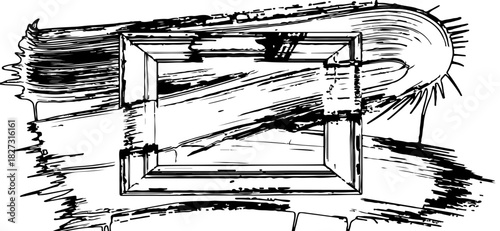 Dynamic Sketch Of Wooden Window Frame With Glass Pane And Bold Brush Strokes Artistic Texture.