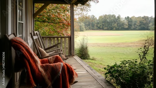 Wooden rocking chairs on porch overlooking a green field and trees
