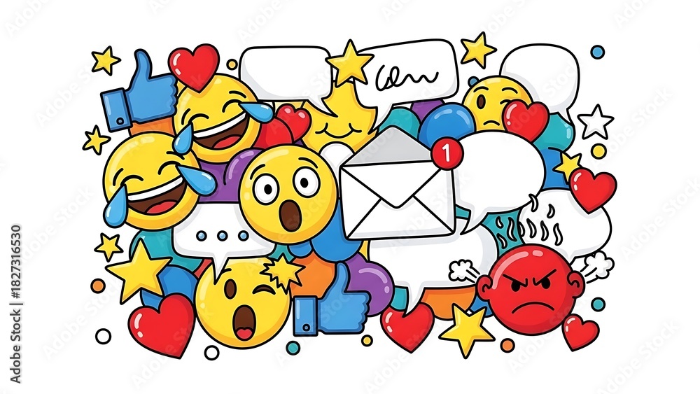 Fototapeta premium Collection of colorful social media emoji icons with speech bubbles and like symbols isolated on white background