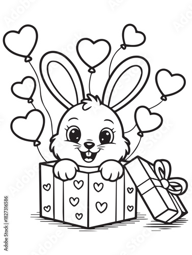 Black and white bunny pops from heart filled box with heart shaped balloons