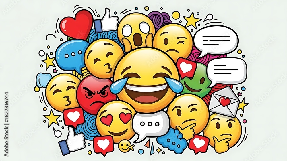 Obraz premium Collection of diverse cartoon emoji faces expressing various emotions like laughter, love, and anger isolated on white background