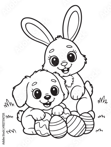 Cartoon bunny behind puppy both sit smiling with decorated eggs in black and white