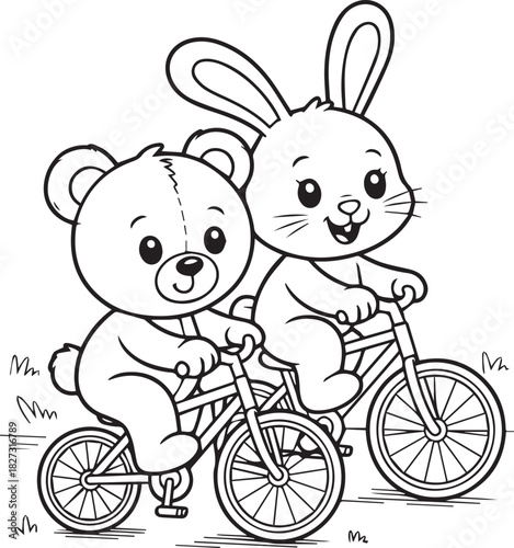 Cartoon bear and rabbit are happily riding their bicycles together in line art