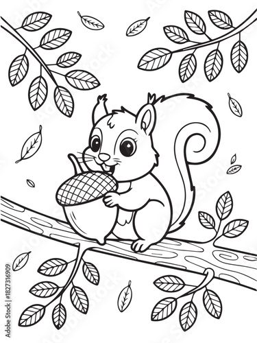 Cartoon squirrel sitting on tree branch clutches an acorn amid falling leaves, outlined
