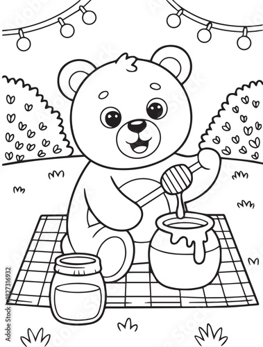 Cartoon teddy bear holds honey dipper, sitting with honey pot on a picnic blanket