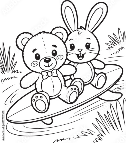 Cute teddy bear and rabbit cartoon characters ride together on a surfboard outlines only
