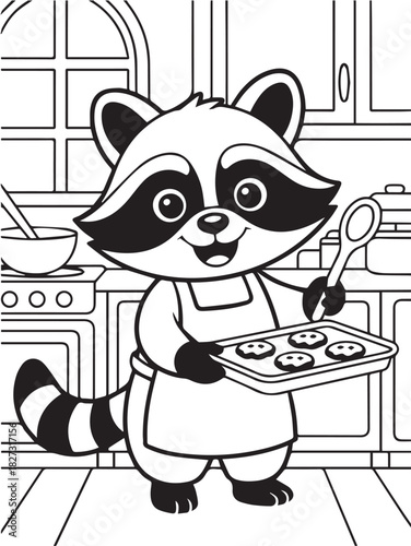 Happy raccoon wearing an apron presents freshly baked cookies in a black and white kitchen