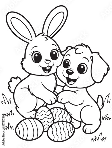 Joyful cartoon rabbit and puppy are playing with the Easter eggs in white background