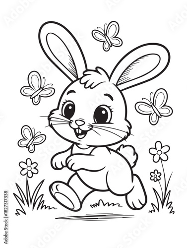 Outlined cartoon bunny hops among flowers and butterflies in a transparent background spring scene