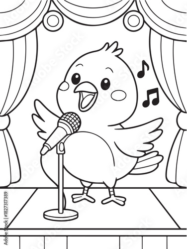 Outlined cute bird sings into a microphone on stage with music notes