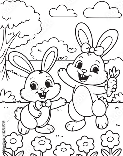 Two cheerful cartoon rabbits enjoy a day with flowers and clouds in monochrome