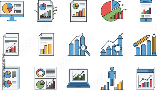 Business analytics icon set, data visualization symbols, flat vector graphics, report dashboard elements, statistical tools, cad drawing flat vector illustration
