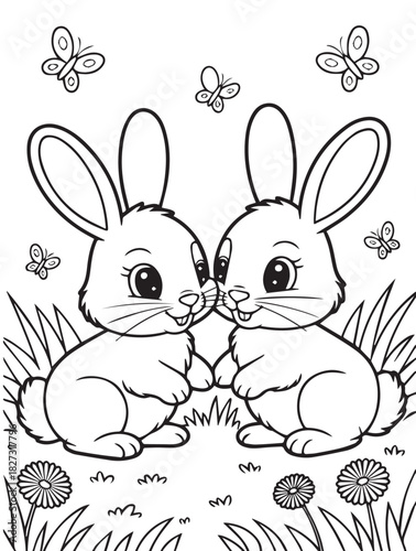 Two cute bunnies in line art facing each other with butterflies in transparent background