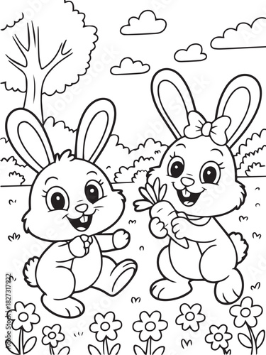 Two cute outline bunny characters stand among flowers, one holding a carrot with a bow