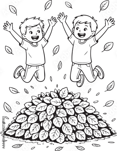 Two happy young boys jump above a big pile of fall leaves with delight