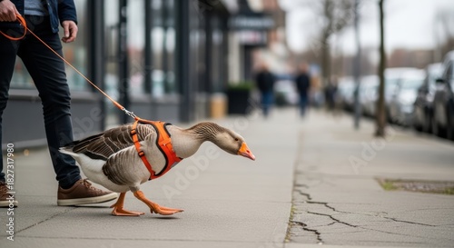 Person walking a domesticated goose on a leash along a city sidewalk, showcasing unique pet ownership and urban lifestyle with vibrant surroundings