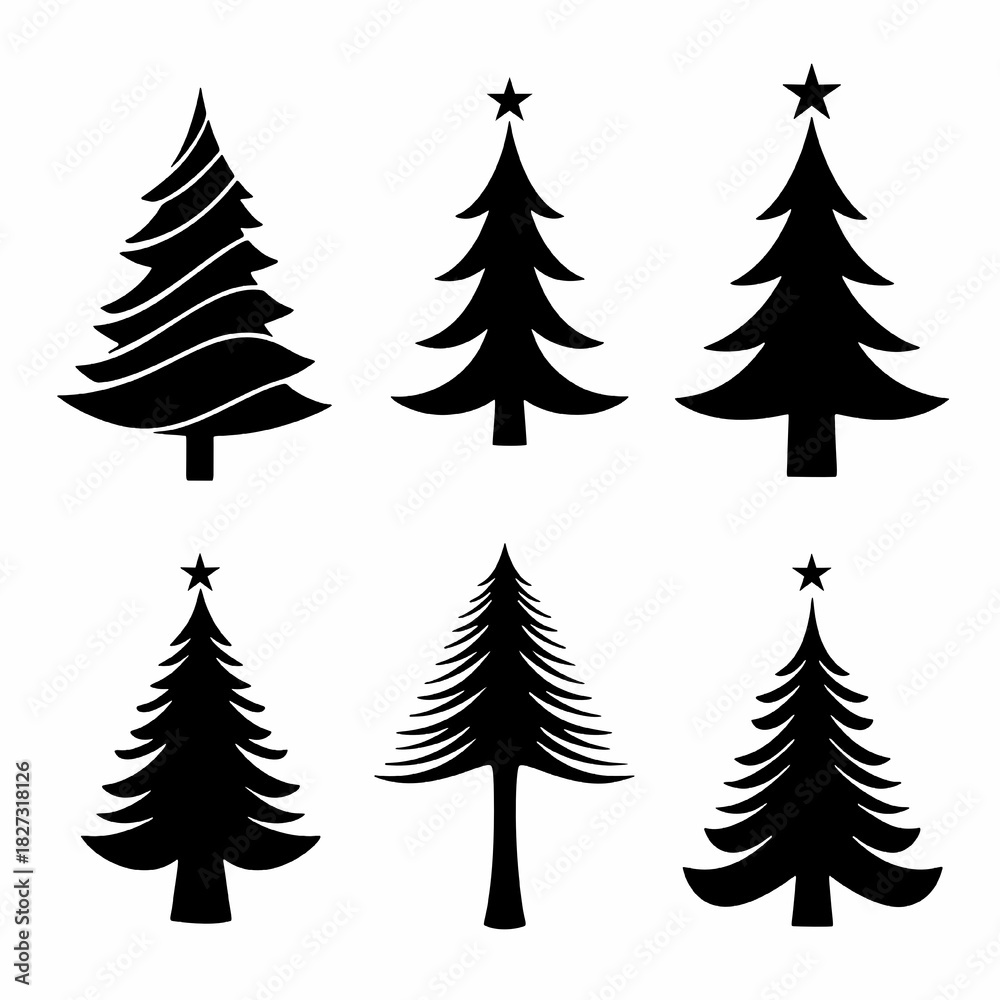 Obraz premium Set of Modern Stylized Christmas Tree Silhouettes with Star