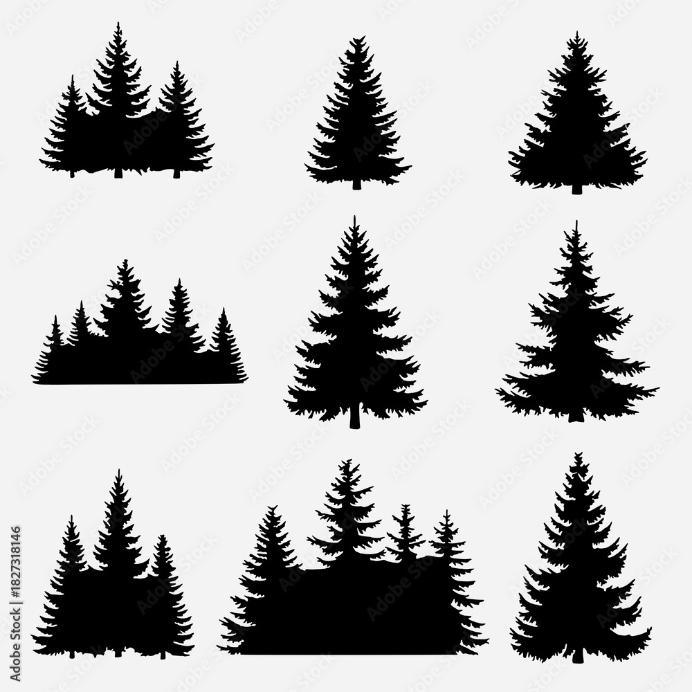 Obraz premium Highly Detailed Forest Pine and Spruce Tree Silhouettes Collection