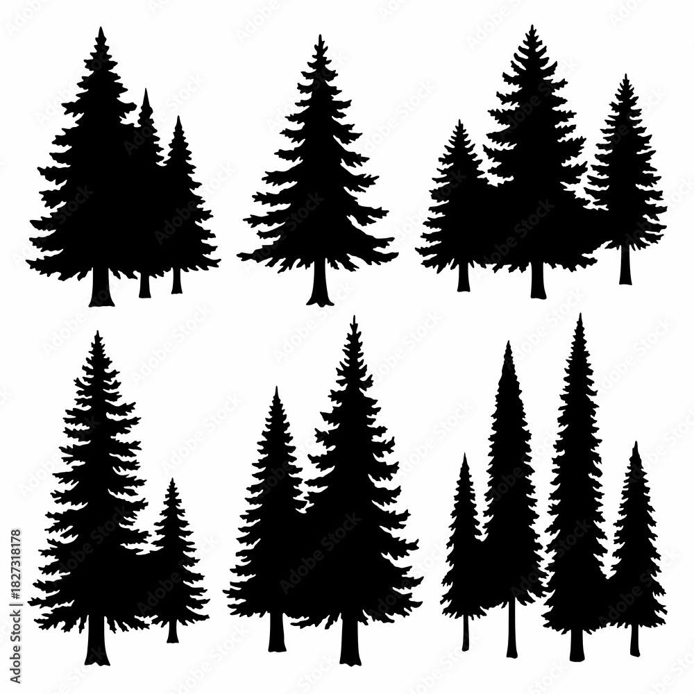 Obraz premium Grouped Forest Landscape Silhouette Set of Hand-Drawn Pine Trees