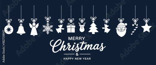 Christmas ornament elements hanging against elegant blue background, featuring festive decorative baubles, winter holiday charm, sparkling seasonal design accents, celebration mood, and stylish minima