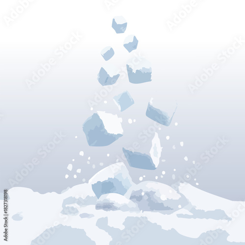3D render of snow clumps falling downward, frozen in time,