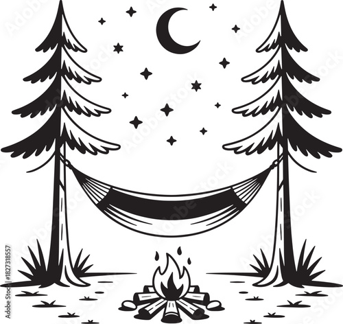 Camping scene with campfire and hammock hanging between two pine trees at night