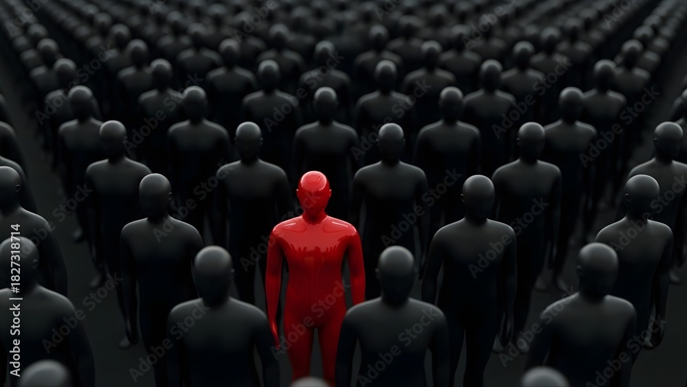 Fototapeta premium Unique Leadership Concept: Red Person Standing Out in Black Crowd