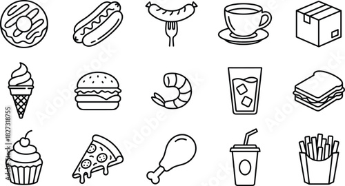 Delicious Fast Food, Drink, and Snack Vector Icons Set, Featuring Hamburger, Pizza, Hot Dog, Ice Cream, French Fries, Coffee, and Sweet Dessert Symbols for Menu.