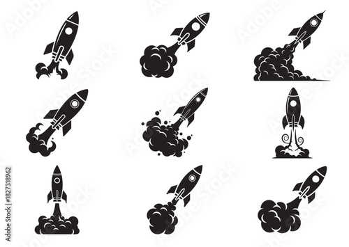 Set of Rocket with smoke icon, Rocket with smoke silhouette vector