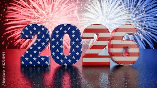 USA 2026 Celebration Banner: Fireworks and American Flag Typography