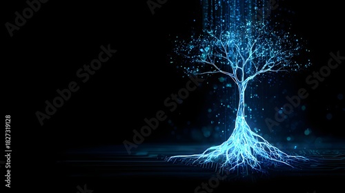 Digital Tree of Life Glowing with Blue Light on a Dark Background.