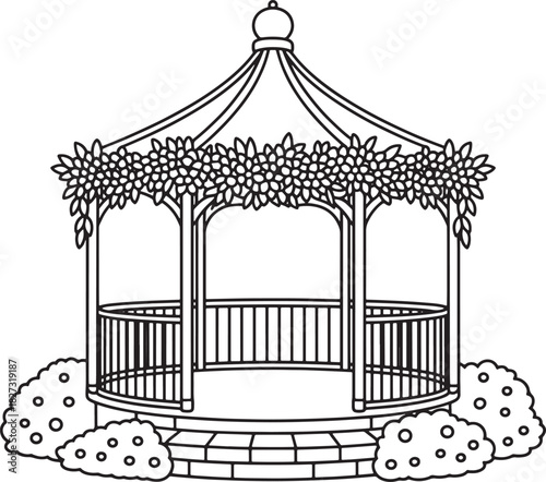 Drawing art of gazebo pavilion with flowers bushes in garden landscape vector style