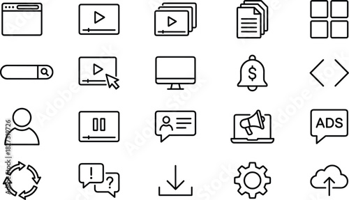 Digital Media, Web Development, and Marketing Vector Icons Set, Including Browser, Video Player, Documents, Search Bar, User Profile, Download, and Settings Symbols.