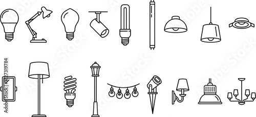 Line Style Lighting Fixtures and Bulbs Vector Icon Set, Including LED, Fluorescent, Desk Lamps, Floor Lights, Spotlights, and Chandeliers for Home and Outdoor Illumination.